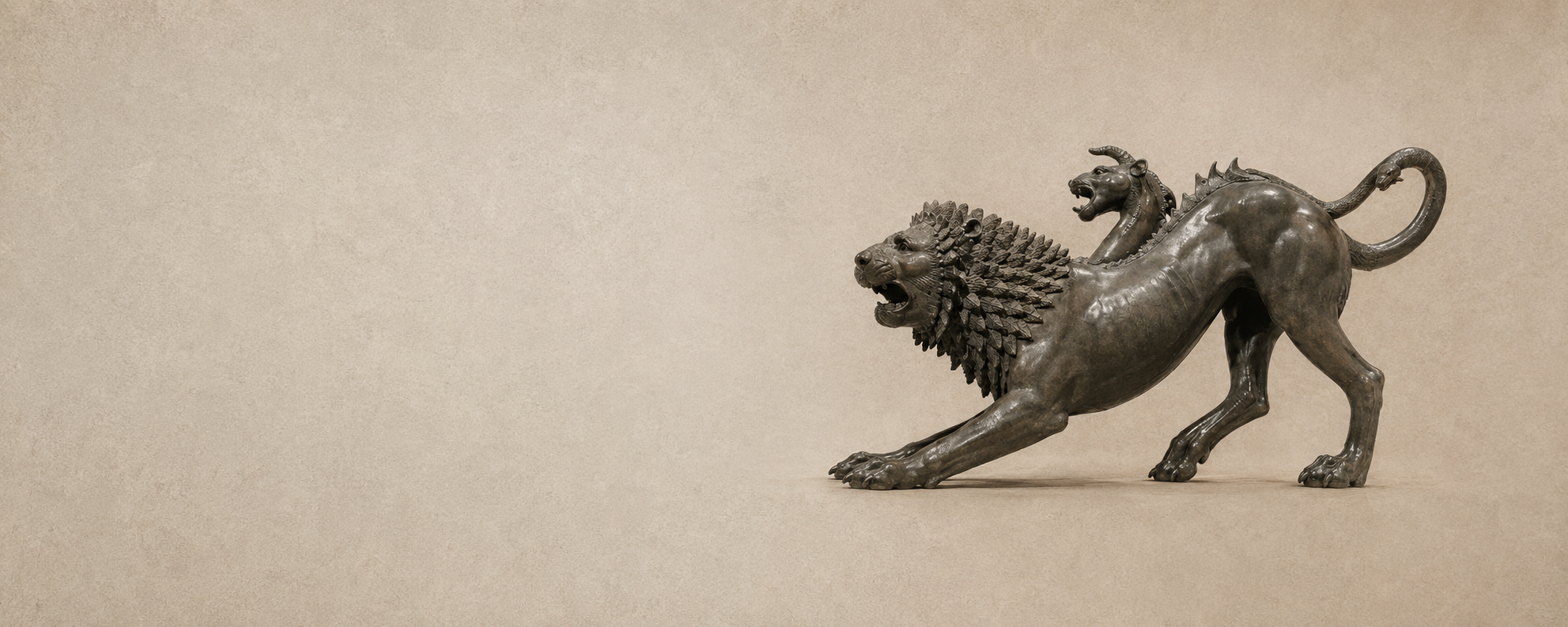 The Chimera of Arezzo, an Etruscan bronze sculpture, on a neutral background.