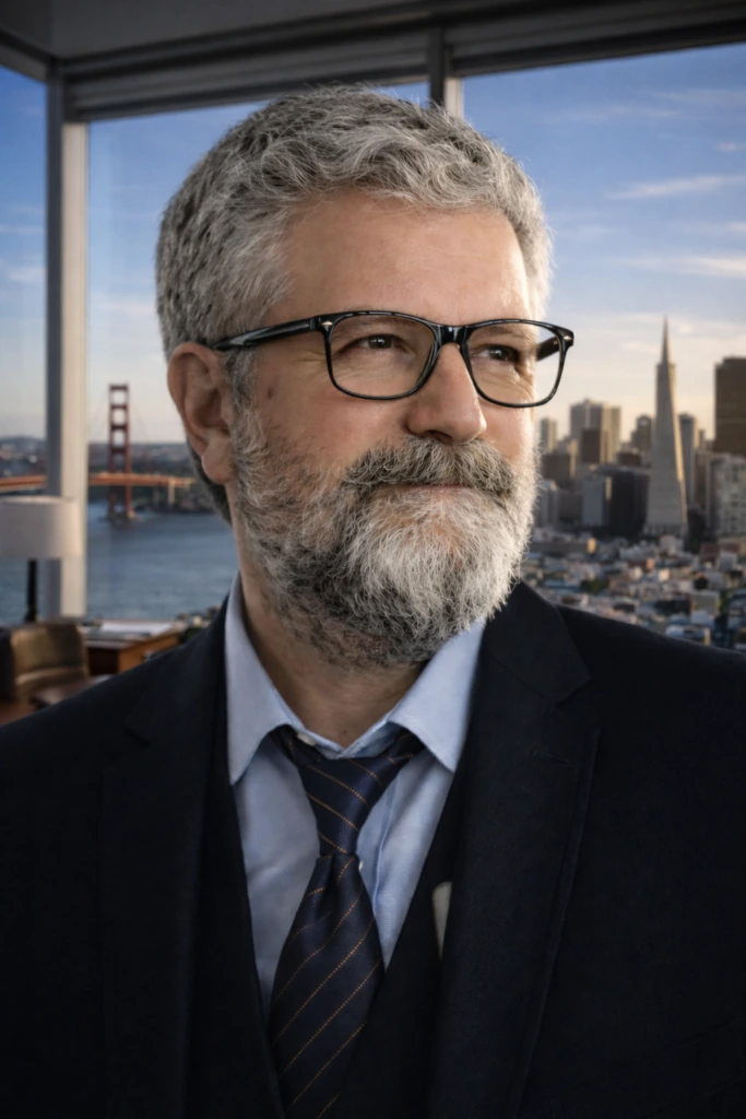 Ritratto di Sauro Tronconi con San Francisco sullo sfondo
